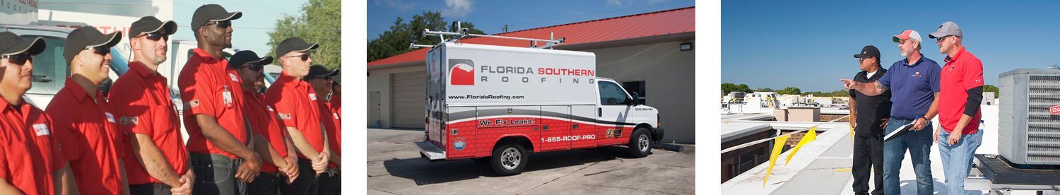 Line up of some of our installers, one of our trucks parked at the Sarasota headquarters of Florida Southern Roofing, and some of our roofers on a commercial roof. Roof inspection and roof maintenance services in Sarasota, FL Florida Southern Roofing And SheetMetal