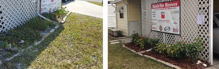Before and after pictures of new plantings and mulch donated by Pestguard Commercial.