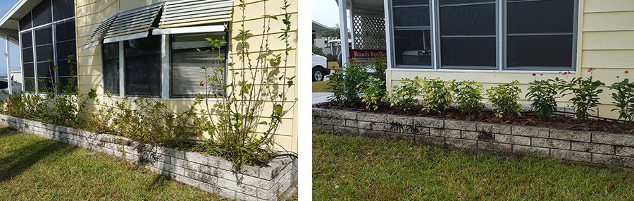 Before and after pictures of new plantings and mulch donated by Pestguard Commercial.
