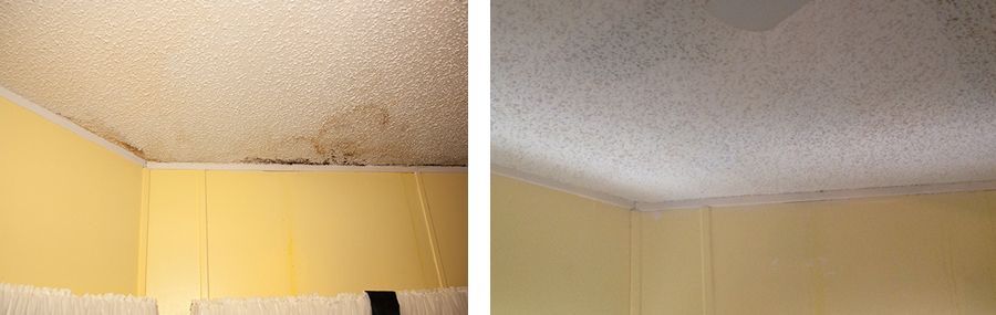 Before and after pictures of the ceiling that Matt Ryan of Matt Ryan Stucco & Plaster repaired with drywall donated by Construction Supply of Southwest Florida.